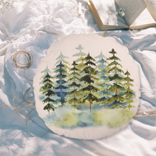 Vintage Foggy Green Pine Tree Forest Pinery Round Pillow