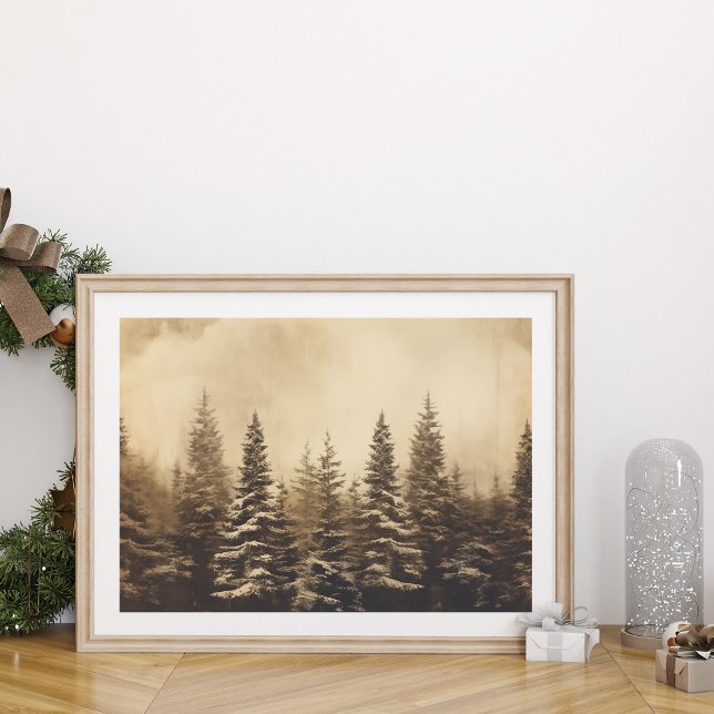 Vintage Foggy Pine Tree Forest Christmas Poster (Vintage Foggy Pine Tree Forest Christmas Poster with Christmas ornament.)