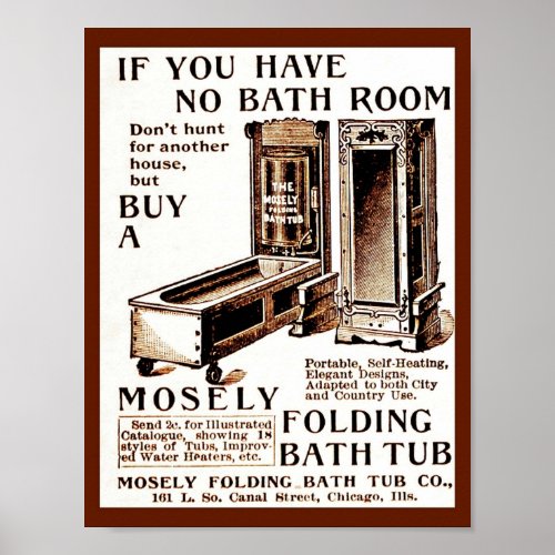 Vintage Folding Bath Tub Self Heated Ad copy Poster