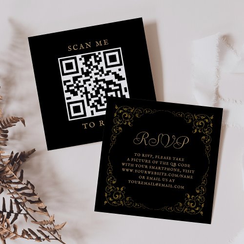 Vintage Foliage Black Gold Wedding QR Code RSVP Enclosure Card