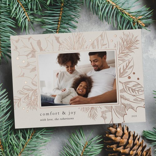 Vintage Foliage  Botanical Photo Rose Gold Foil Holiday Card