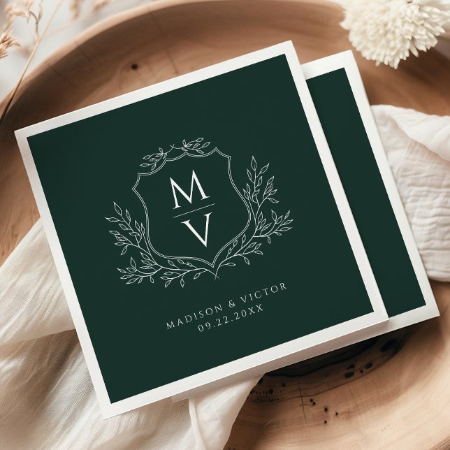 Vintage Foliage Crest Monogram Dark Green Wedding Napkins (Creator Uploaded)