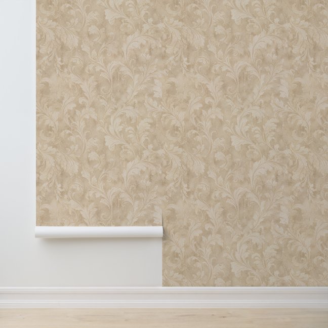 Vintage Foliage Leaves Pattern in Warm Beige Wallpaper
