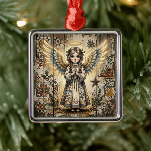 Vintage Folk Art Angel Christmas Wrapping Metal Ornament