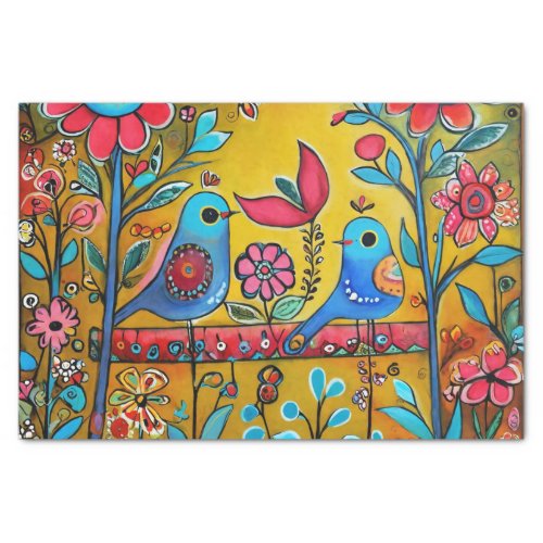 Vintage folk art birds bright colors tissue paper
