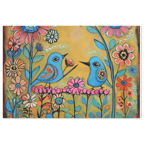 Vintage folk art birds with bright fun colors  tissue paper