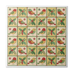 Vintage Folk Art Christmas Bird Holly Pattern Ceramic Tile