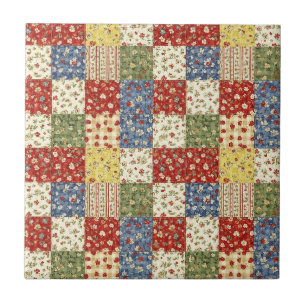 Vintage Folk Art Crimson Navy Patchwork Quilt Ceramic Tile