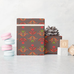 Vintage Folk Art Floral Print Cozy Rustic Autumn Wrapping Paper