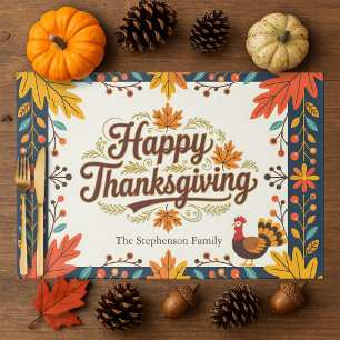 Vintage Folk Art Happy Thanksgiving Paper Placemat