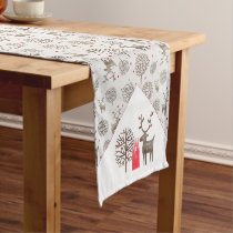 Vintage Folk Art Reindeer Trees Pattern Pearl Gray Short Table Runner