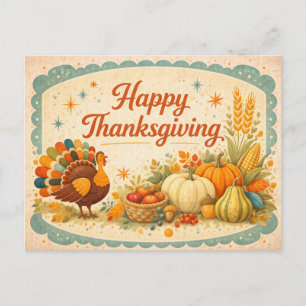 Vintage Folk Art Thanksgiving Turkey Illustration Holiday Postcard