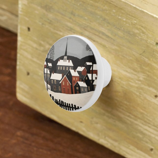 Vintage Folk Art Winter Village Scene Ceramic Knob (Creator Uploaded)