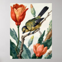 Vintage Folk Botanical Bird and Flowers Wall Poste