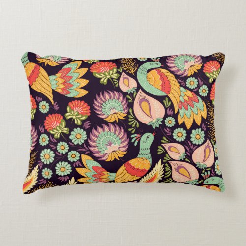 Vintage Folk Floral Birds Ornament Accent Pillow