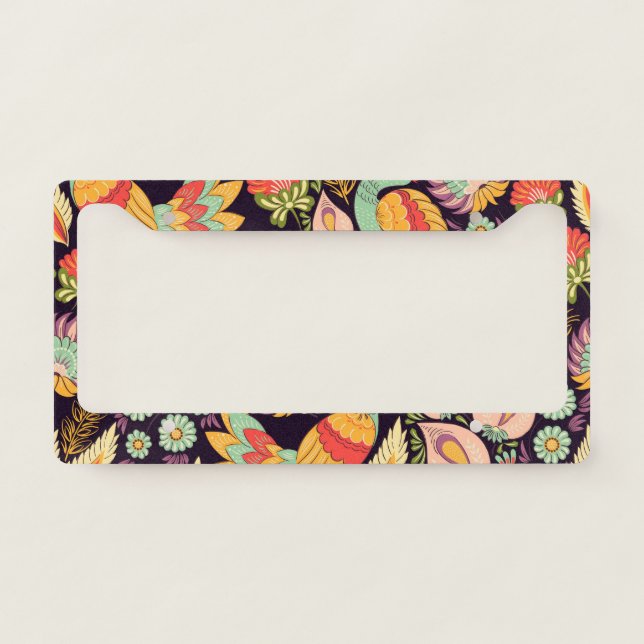 Vintage Folk Floral Birds Ornament License Plate Frame (Front)