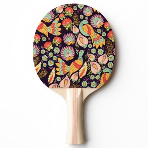 Vintage Folk Floral Birds Ornament Ping Pong Paddle