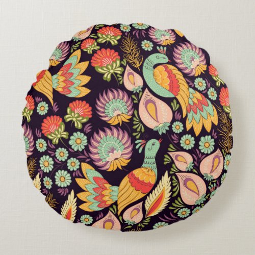 Vintage Folk Floral Birds Ornament Round Pillow