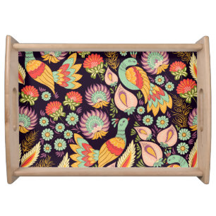 Vintage Folk Floral Birds Ornament Serving Tray