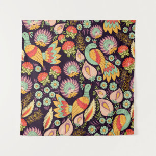 Vintage Folk Floral Birds Ornament Tapestry