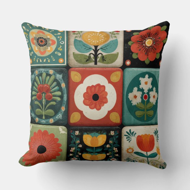 Vintage Folk Floral Patchwork Throw Pillow (Front)