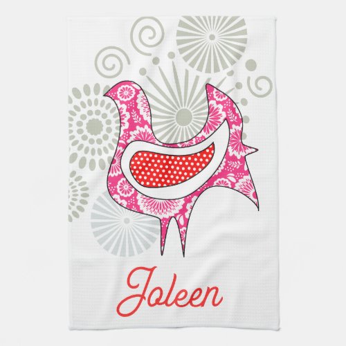 Vintage Folk Pink Hen Farm Rustic Chicken Name Kitchen Towel