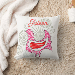 Vintage Folk Pink Hen Farm Rustic Chicken Name Throw Pillow