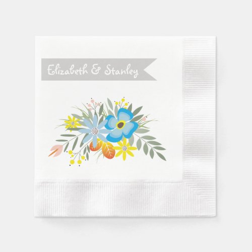 Vintage folklore blue flowers modern wedding napkins