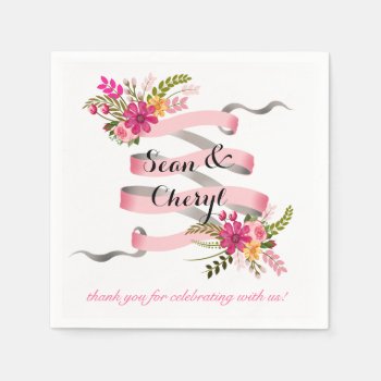 Vintage Folklore Floral Banner Ribbon | Pink Paper Napkins by glamprettyweddings at Zazzle