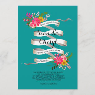 Vintage Folklore Floral Banner Ribbon Wedding Invitation
