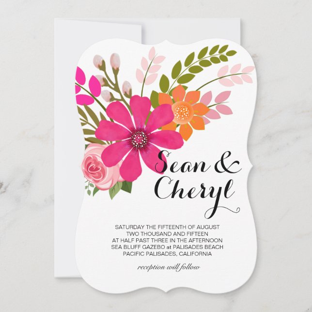 Vintage Folklore Floral Banner Ribbon Wedding Invitation (Front)