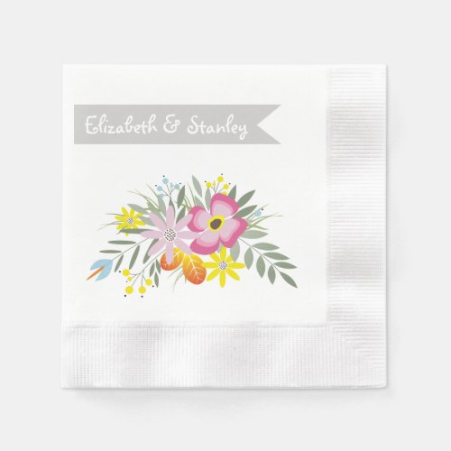 Vintage folklore pink flowers modern wedding paper napkins