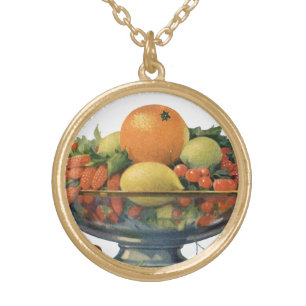 Vintage Food, Assorted Fruit in a Bowl Gold Plated Necklace