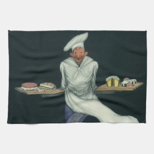 Vintage Food Business Baker with Pastry Desserts Kitchen Towel