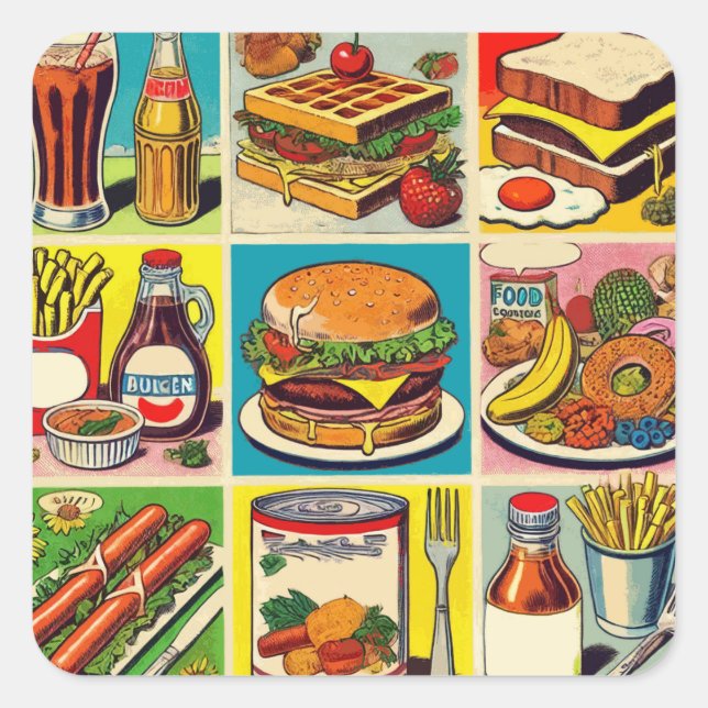 Vintage Food Comic Illustration Square Sticker (Front)