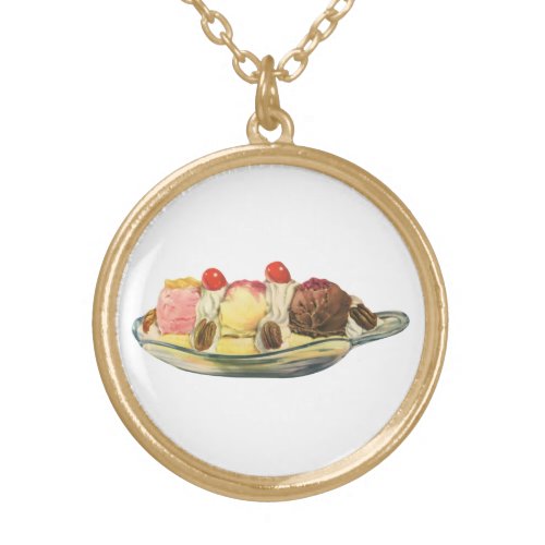 Vintage Food Desserts Banana Split Cherries Gold Plated Necklace