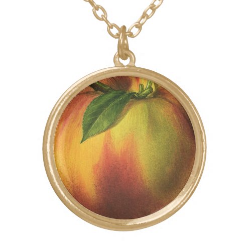 Vintage Food Fruit Ripe Organic Peach with Leaf Gold Plated Necklace