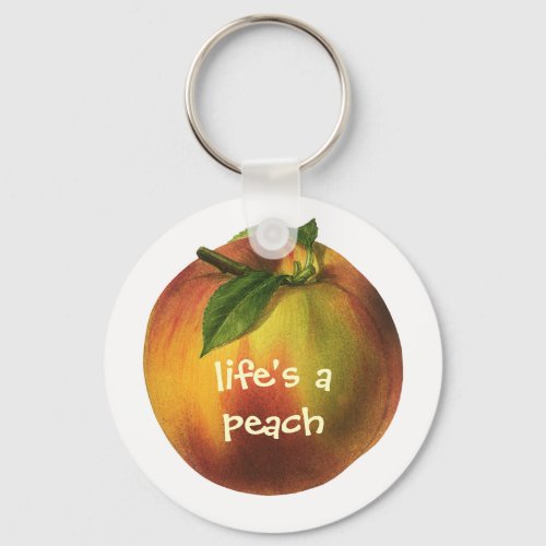 Vintage Food Fruit Ripe Organic Peach with Leaf Keychain