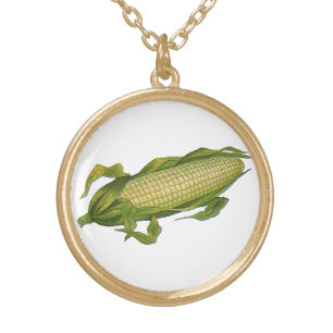 Vintage Food, Healthy Vegetables, Corn on the Cob Gold Plated Necklace