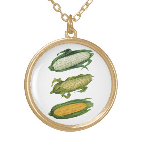 Vintage Food Healthy Vegetables Fresh Corn on Cob Gold Plated Necklace