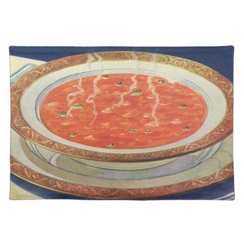 Vintage Food Hot Bowl of Tomato Soup with Peas Cloth Placemat