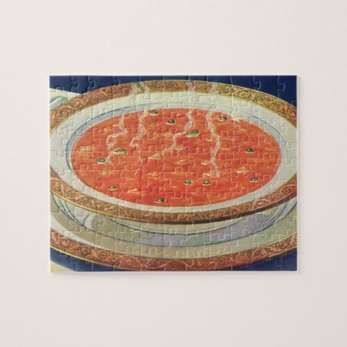 Vintage Food Hot Bowl of Tomato Soup with Peas Jigsaw Puzzle