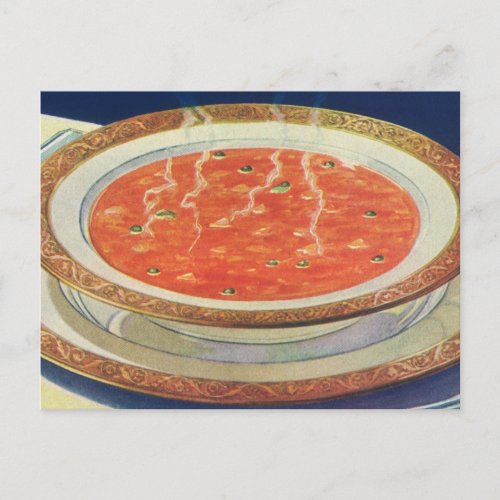 Vintage Food Hot Bowl of Tomato Soup with Peas Postcard