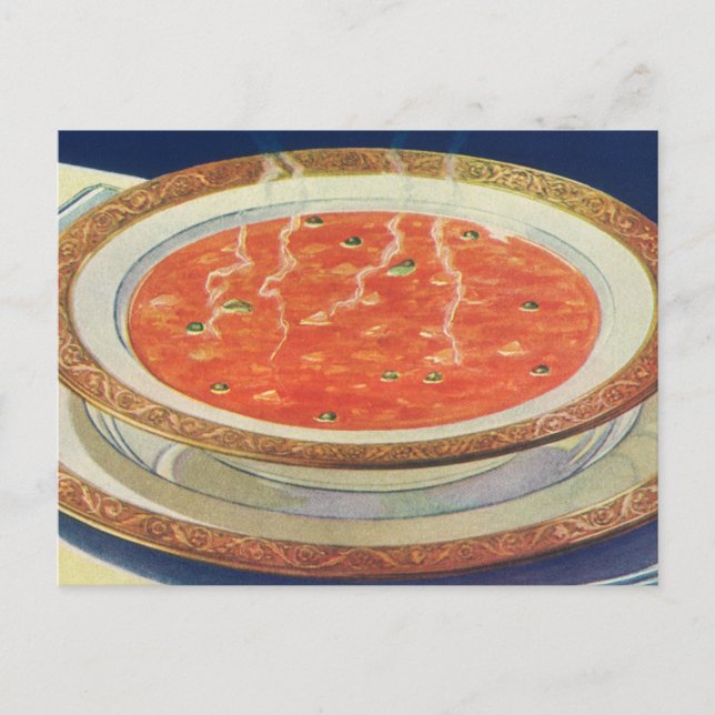 Vintage Food, Hot Bowl of Tomato Soup with Peas Postcard (Front)