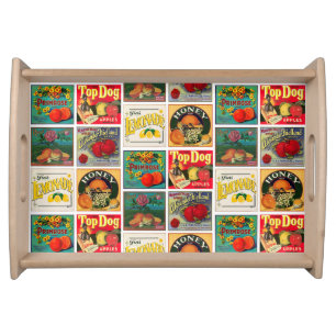 Vintage Food Labels Colorful Pattern Serving Tray
