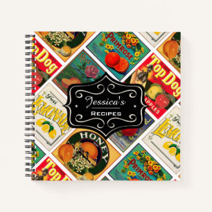 Vintage Food Labels Pattern Personalised Recipe Notebook