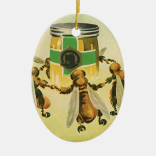Vintage Food, Organic Honey Bees Dancing Jar Ceramic Ornament