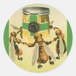 Vintage Food, Organic Honey Bees Dancing Jar Classic Round Sticker