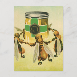 Vintage Food, Organic Honey Bees Dancing Jar Postcard