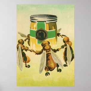 Vintage Food, Organic Honey Bees Dancing Jar Poster